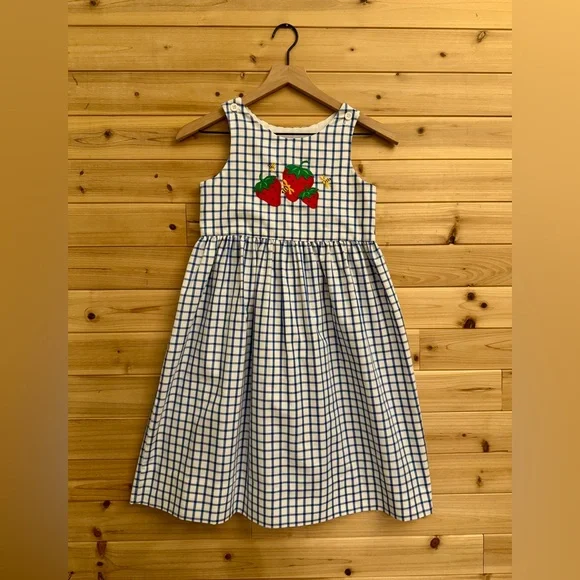Vintage Kelly’s Kids Size 7 Blue White Gingham Strawberry Bee Tank Dress Summer - Picture 1 of 9
